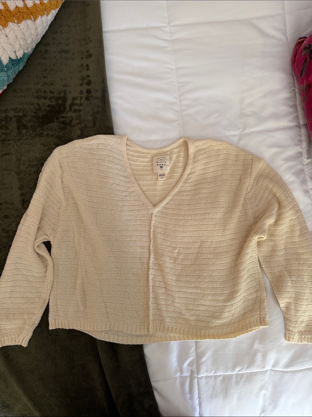 Women's Cream V-Neck Ribbed Sweater